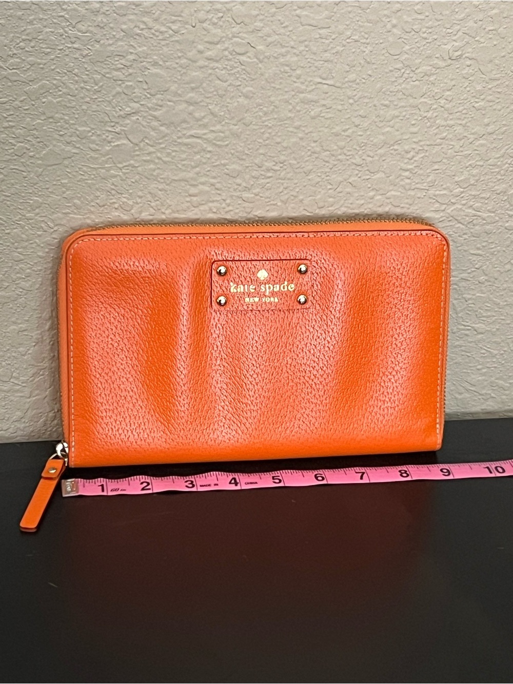 Kate Spade Orange Pebbled Leather Zip Wallet with Gold Plaque